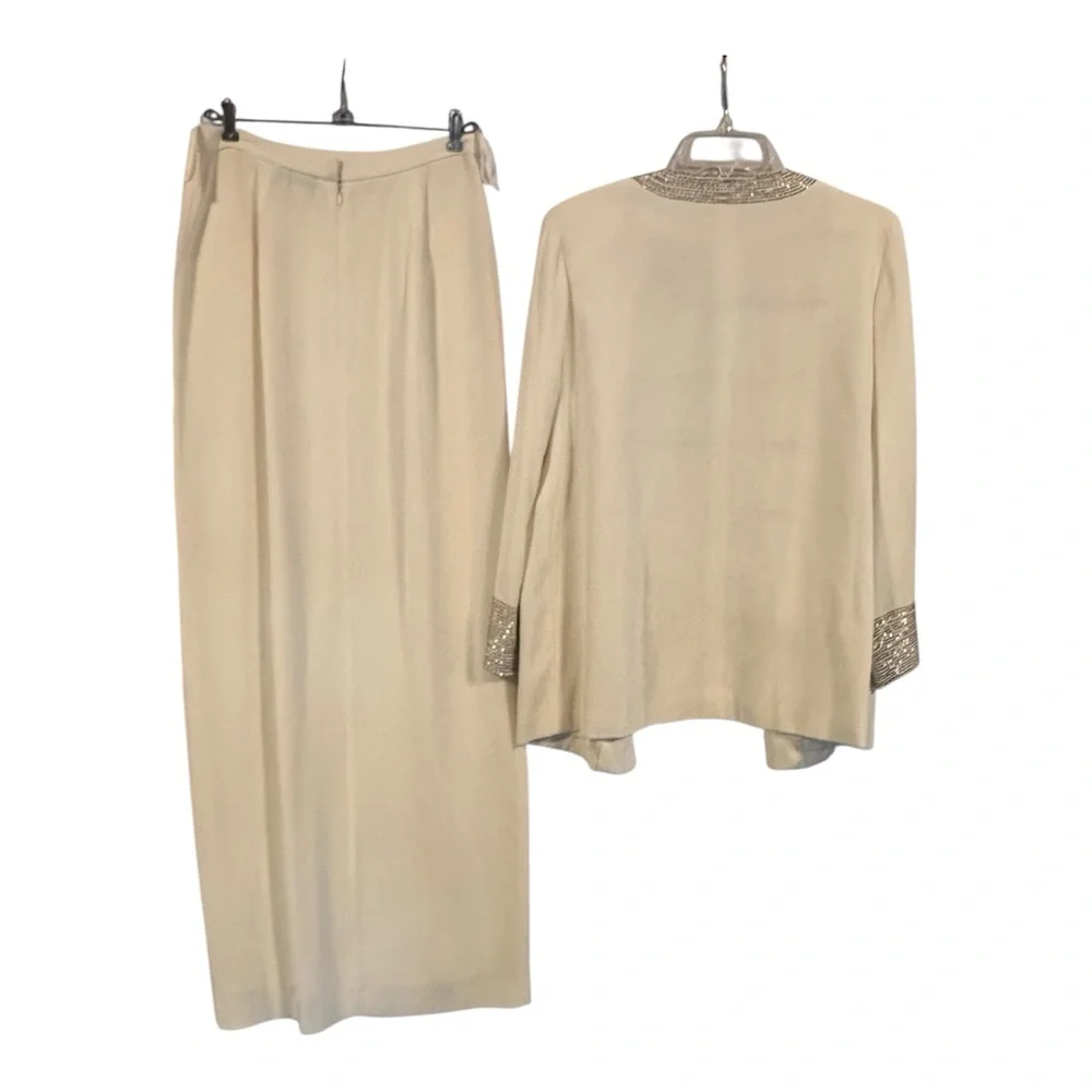 Jovani 100% Silk Beaded 3-Piece Evening Skirt Suit Light Cream Size 8